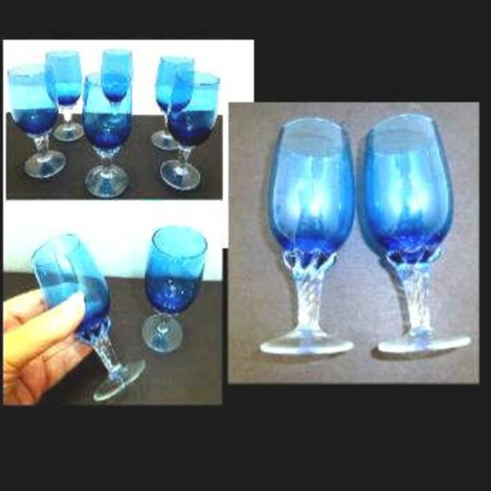 Beautiful blue vintage set 6 aperitif glasses wine glass twist swirl stem